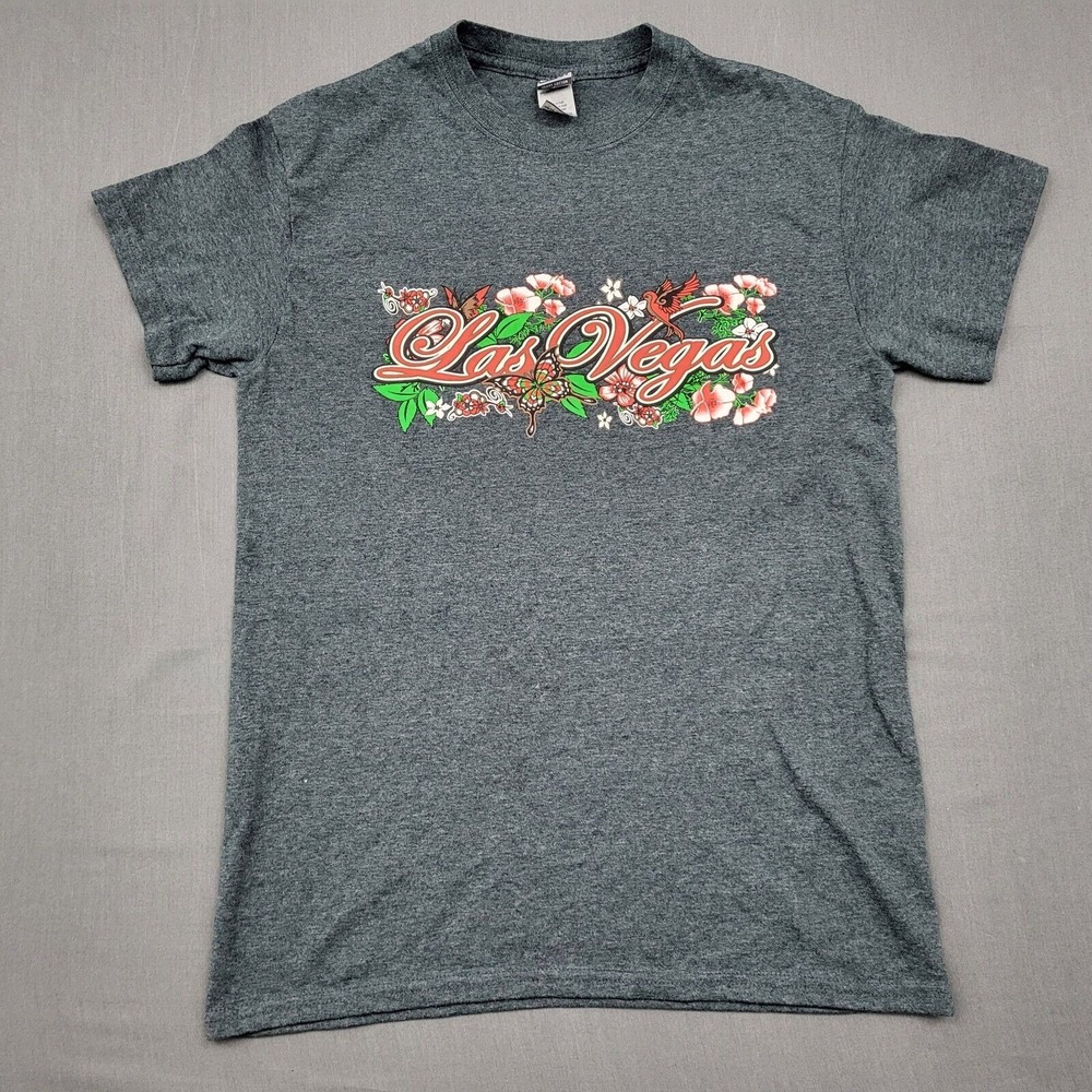 Gildan Las Vegas Graphic T-Shirt S Charcoal Gray Heather Floral Butterfly Bird